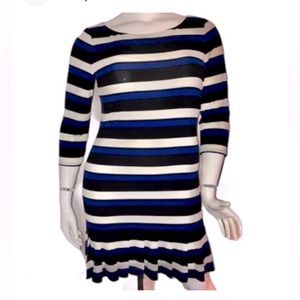 🌹White House / Black Market WHBM white black blue striped ruffle hem dress sz L